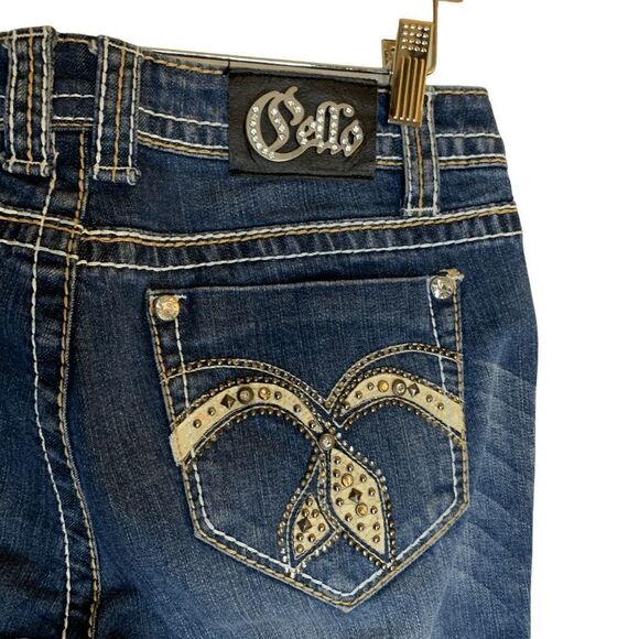Pello Juniors size 7 Blue Stretch mid-rise bootcut embellished  denim blue jeans - Picture 6 of 9